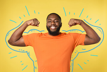Black man thinks to have strong muscles. yellow background
