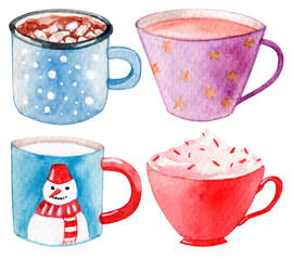 set of watercolor cups. Christmas. snow. snowman. snowflakes. tea. coffee. cappuccino. milk. marshmallows. illustration for the holiday. Happy New Year