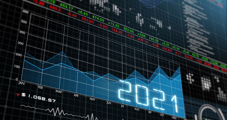 2021 New Year with futuristic stock exchange finance graph chart computer screen AI cloud...