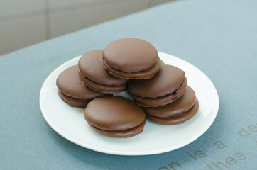 stack chocolate pie in white dish