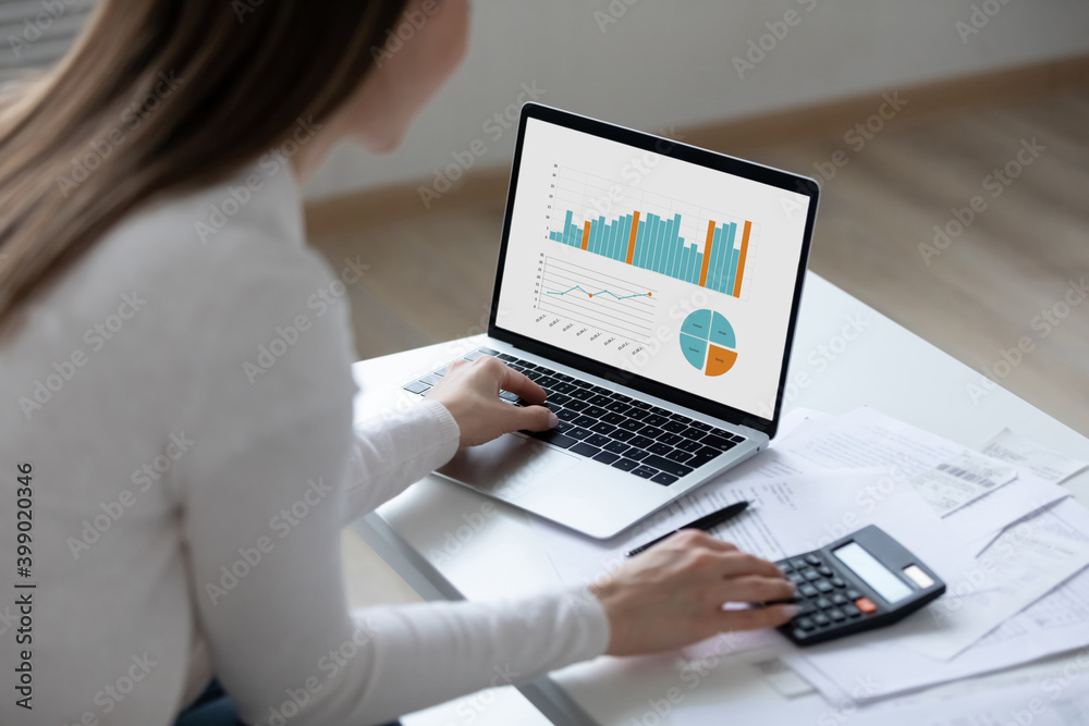 Wall mural close up rear view young woman using laptop and calculator, working on project, checking financial d