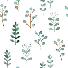 Pattern Christmas ornaments from the branches painted with watercolors on white background. Branches of trees. Holly sprigs with red berries.