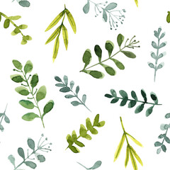 Pattern Christmas ornaments from the branches painted with watercolors on white background. Branches of trees. Holly sprigs with red berries.