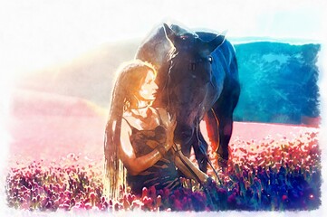 Portrait woman and horse outdoors. Woman hugging a horse, painting effect. © jozefklopacka