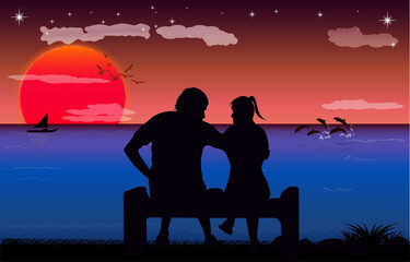 couple sit on beach with silhouette twilight is a sunset on the sea, design vector illustration