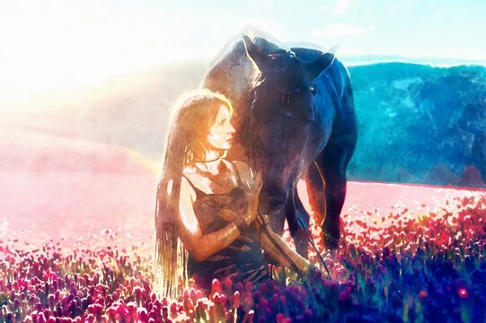 Portrait woman and horse outdoors. Woman hugging a horse, painting effect.