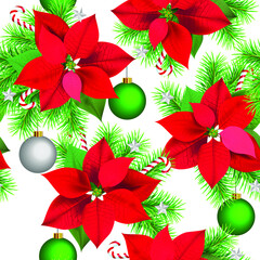 Christmas Winter Poinsettia Flowers. Seamless background, floral pattern. Printing on textiles, paper.