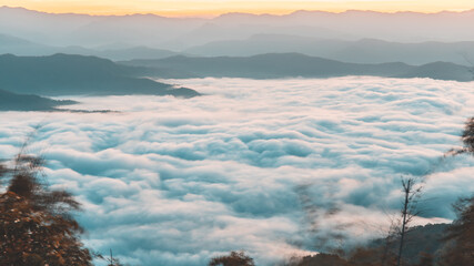Sunrise time with sea of fog and clouds with mountain hill at Sri Nan National Park Doi Samer Dao Nan Province Thailand, Asia.