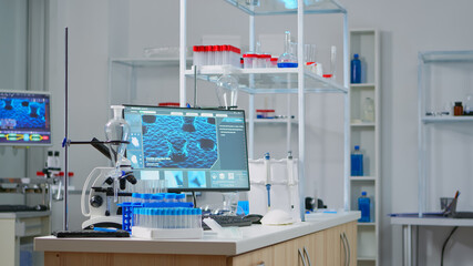 Chemist laboratory with nobody in it modernly equipped prepared for pharmaceutical innovation using high tech and microbiology tools for scientific research. Vaccine development against covid19 virus