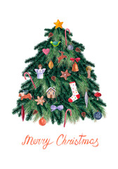 Christmas vintage card.Christmas tree. Watercolor illustration.