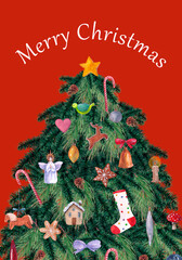 Christmas vintage card.Christmas tree. Watercolor illustration.