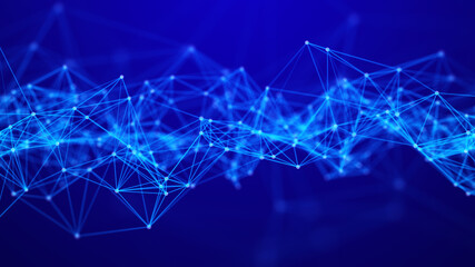 Network of bright connected dots and lines. Abstract dynamic wave of many points. Digital background. 3D rendering.