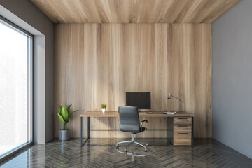 Gray and wooden CEO office