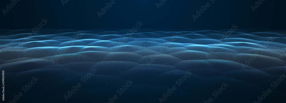 Poster abstract wave of particles. smooth abstract gradient dynamic wave of many glowing particles. network