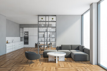 Fototapeta na wymiar Living room with sofa and kitchen set, luxury studio apartment with window
