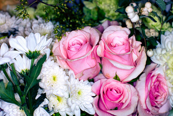 Close-up of a mixed bouquet of roses,summer flowers background.