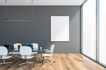 Mockup frame in grey office room with white chairs near window