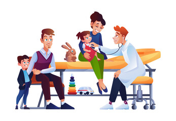 Children with parents at pediatrician appointment, mother with newborn girl sitting on medical care, father on chair with son waiting for doctors checkup. Toys for kids, checkup in clinic or hospital