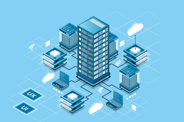 Illustration of servers connected with main server and laptop on blue background isometric design for Data center concept, data center connection, concept of cloud storage, data transfer.