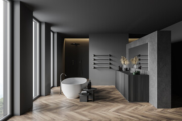 Modern gray and wooden bathroom, side view