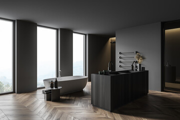 Modern gray bathroom corner with tub and sink
