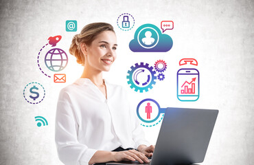 Woman with laptop and cloud computer