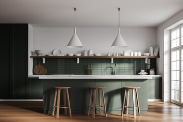 White and green kitchen interior with bar