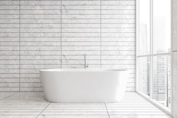 Naklejka na ściany i meble White tile bathroom interior with tub
