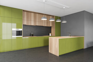 Green and wooden kitchen corner with bar