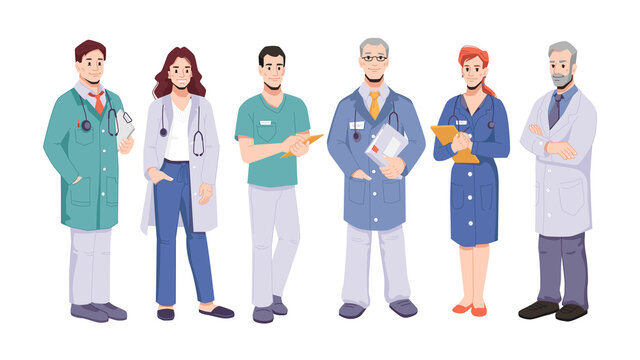Characters working in hospitals or clinics. Isolated male and female doctors with clipboards and stethoscopes. People saving life of patients. Specialists medics personages. Vector in flat style