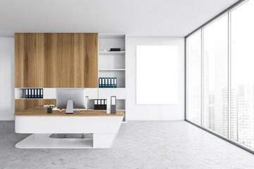Mockup canvas in white office room with furniture and computer near window