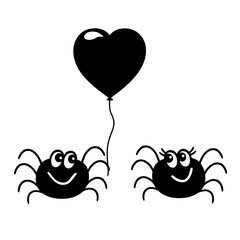 Hand-drawn spiders. A lover gives his beloved a balloon, a heart. Black and white. 