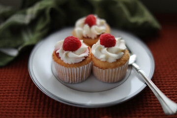 Angle food cupcakes. Homemade cupcakes with raspberry jam and whipped cream frosting topped with a fresh raspberry.