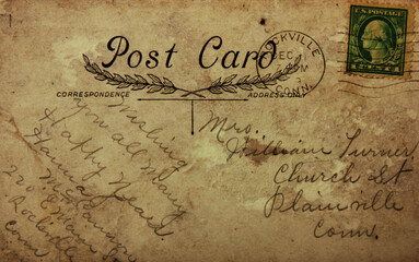 Fototapeta na wymiar Reverse side of old post card, circa 1915. Image in vintage grunge style