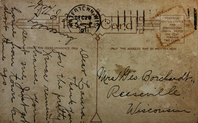 Reverse side of  old post card, circa 1915. Image in vintage grunge style