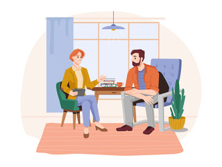 Psychologist care and treatment, female professional talking to man patient about problems and troubles. Mental healthcare of people, curing depression and stress of guy. Vector in flat style