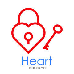 Logotipo candado con forma de corazón y llave con lineas en color rojo