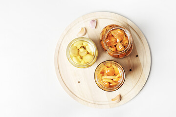 Fermented food. Canned mushrooms from spears of space.  Top view.