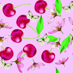 Beautiful cherries. Beautiful summer pattern with fruits and butterflies. Butterflies on cherries. Print for textile