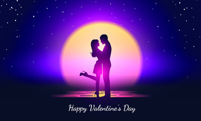 Wedding card with romantic silhouette of a loving couple at sunset. Wallpaper about love. Valentine's Day