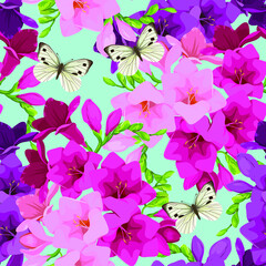 Plakat Freesia flowers pattern. Seamless spring pattern. Vector flowers. White flowers. Template for printing on fabric. Summer pattern