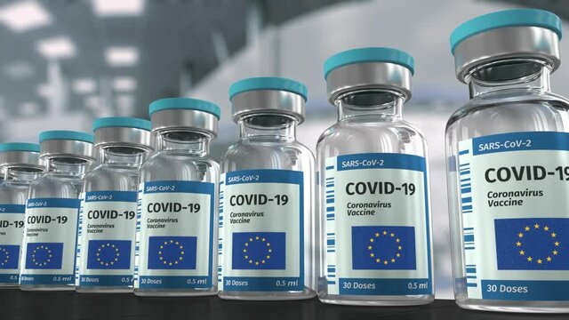COVID-19 Coronavirus vaccine from European Union production line looped video.