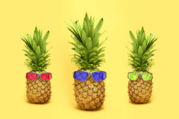 Three pineapples with sunglasses on yellow background
