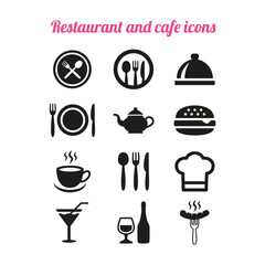 Restaurant and cafe icons set on white background.