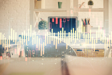 Double exposure of financial graph drawing and office interior background. Concept of stock market.