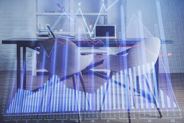 Multi exposure of financial graph drawing and office interior background. Concept of market analysis.