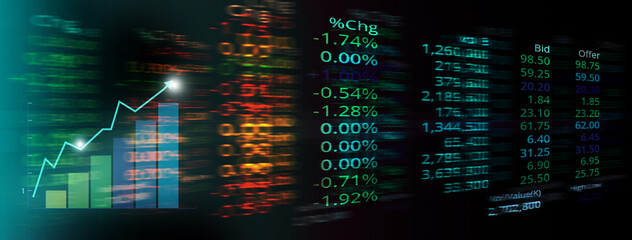 market trading stock and index number on glow blue digital technology blur light line banner business background