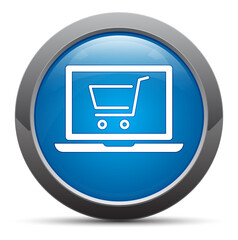Online shopping cart laptop icon premium blue round button vector illustration