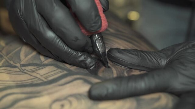 Experienced tattoo artist colours person back in black with special needle connected to coloured grip of machine close view