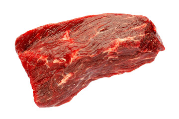 Meat beef isolated on white background, clipping path, top view. Buffalo fillet close-up, top view. Piece of beef for a steak. Fresh raw piece of beef. Piece of fresh beef, top view.